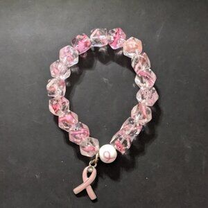 PINK And Clear Swirl Pink Ribbon Breast Cancer Stretchy Elastic Bracelet